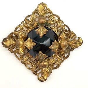 Vintage Gold Tone Filigree Brooch Black Glass Stone Ornate Victorian Style